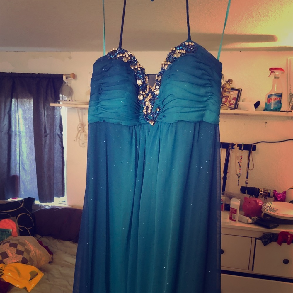 Long blue prom dress.